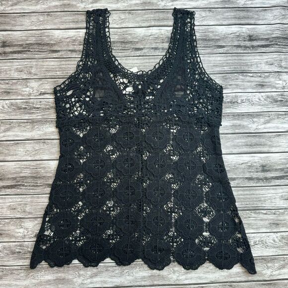 Keren Hart Women's Black Open Crochet Lace V Neck Tank Top Overlay L LG Large - Picture 3 of 11
